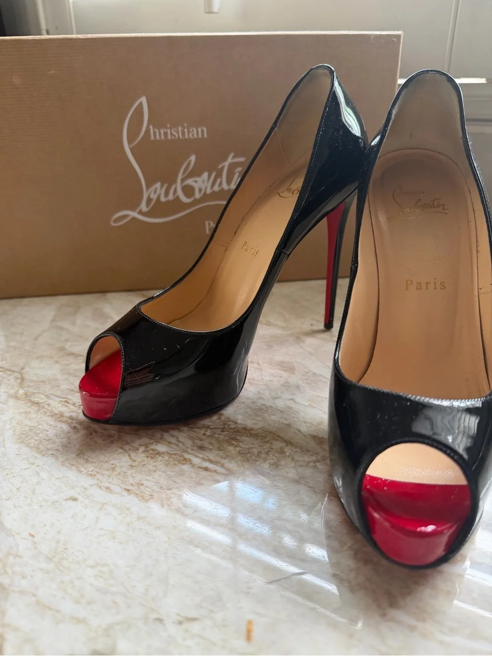 Christian Louboutin Black Patent Peep-Toe Pumps with Red Accent